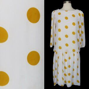 Vintage 80s White Bold Graphic Print Yellow Polka Dot Drop Waist Party Dress S